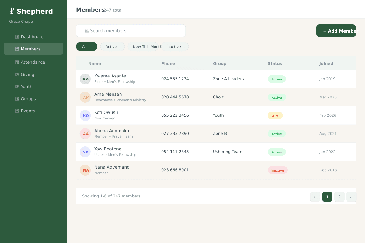 Member management list view with search, filters, and detailed member information including groups and status